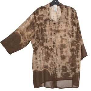 Vintage Roamans Top Tie Dye Sheer Oversized Boho Grunge Earthy Button Brown 22W